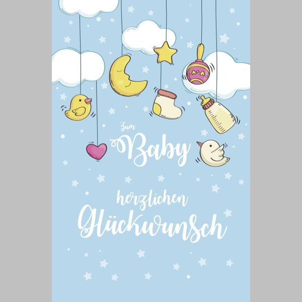 Geburt – Baby – Freudiges Ereignis - Glückwunschkarte im Format 11,5 x 17 cm mit Umschlag - Wolken, Mond, Stern, Rassel, Babyflasche, Vögel
