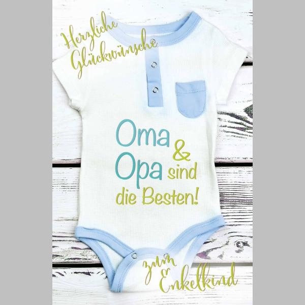 Geburt – Baby – Freudiges Ereignis - Glückwunschkarte im Format 11,5 x 17 cm mit Umschlag - Strampelanzug in weiß/blau – Junge