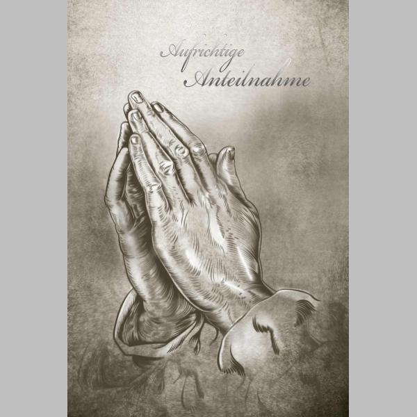Trauer – Beileid – Kondolenz - Trauerkarte im Format 11,5 x 17 cm mit Umschlag - betende Hände - mit Silberfolie