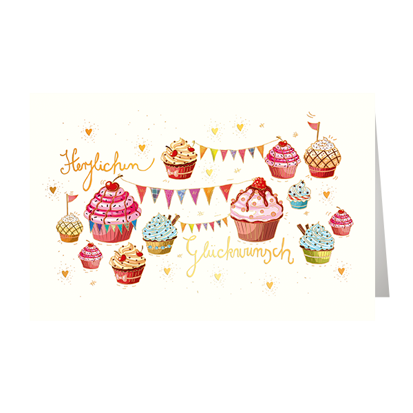Allgemeine Wünsche - Glückwunschkarte im Format 11,5 x 17 cm mit Umschlag - Muffins, Girlande, Herzen - mit Goldfolie