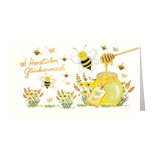 A - Allgemeine Wünsche - Glückwunschkarte im Format 11,5 x 17 cm mit Umschlag - Herzlichen Glückwunsch - Blumen, Honigglass, Bienen - mit Goldfolie