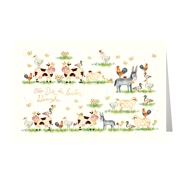 A - Allgemeine Wünsche - Glückwunschkarte im Format 11,5 x 17 cm mit Umschlag - Für Dich die besten Wünsche - Wiese, Tiere, Kuh, Ente, Schmetterlinge, Huhn - mit Goldfolie