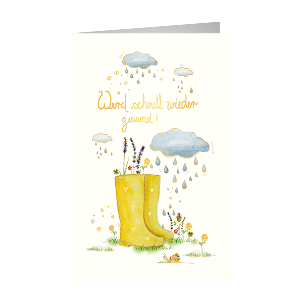 Genesung - Gute Besserung Skorpions Art - Glückwunschkarte im Format 11,5 x 17 cm mit Umschlag - Gummistiefel, Blume, Wolken, Regen, Schnecke