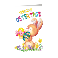 Ostern - Glückwunschkarte im Format 11,5 x 17 cm mit Umschlag - Gezeichnetes Häschen mit Ostereiern in den Armen, bunte Blumen - Skorpion