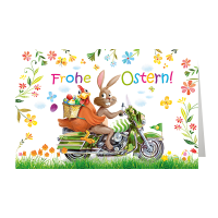Ostern - Glückwunschkarte im Format 11,5 x 17 cm mit Umschlag - gezeichneter Hase und Hahn auf dem Motorrad - Skorpion