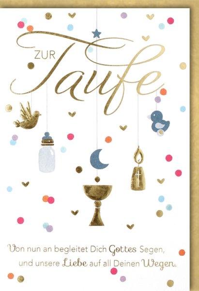 A - Taufe - Glückwunschkarte im Format 11,5 x 17 cm mit Umschlag - Anhänger, Taufmotive mit bunten Punkten - Verlag Dominique