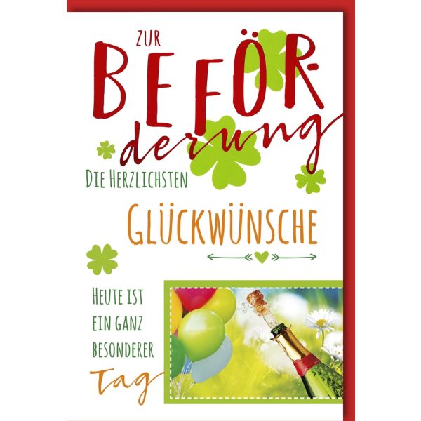 Zur Beförderung Glückwunschkarte mit Briefumschlag Champagner Kleeblätter