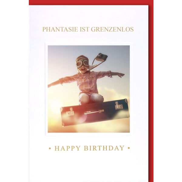 Geburtstag Glückwunschkarte mit Umschlag Fliegender Koffer Fantasie ist grenzenlos Happy Birthday