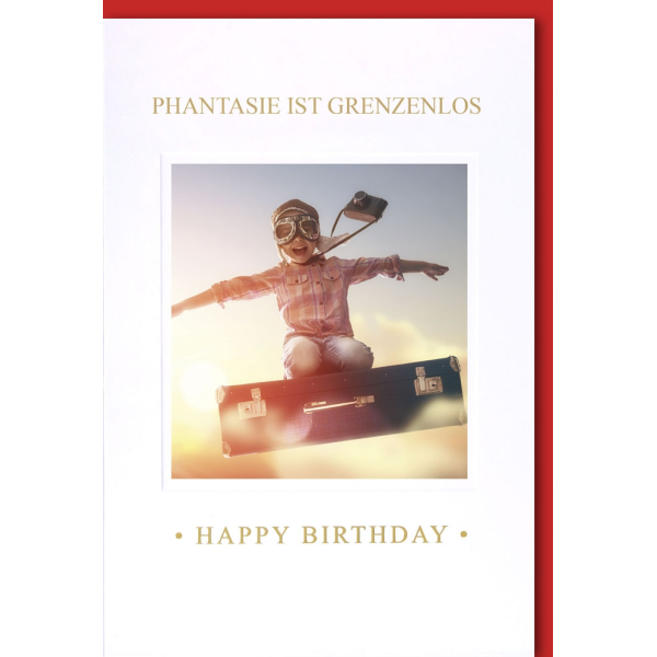 Geburtstag Glückwunschkarte mit Umschlag Fliegender Koffer Fantasie ist grenzenlos Happy Birthday