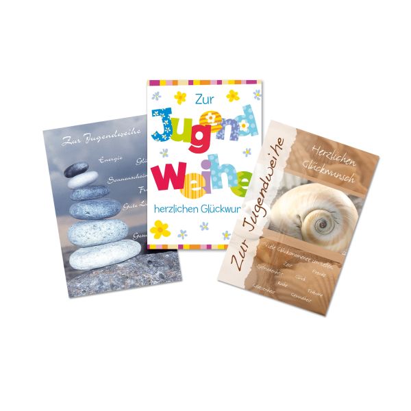 Jugendweihe - Mehrfachpackung 3er - 3 Karten – 3 Umschläge – im Format 11,5 x 17 cm im Topper