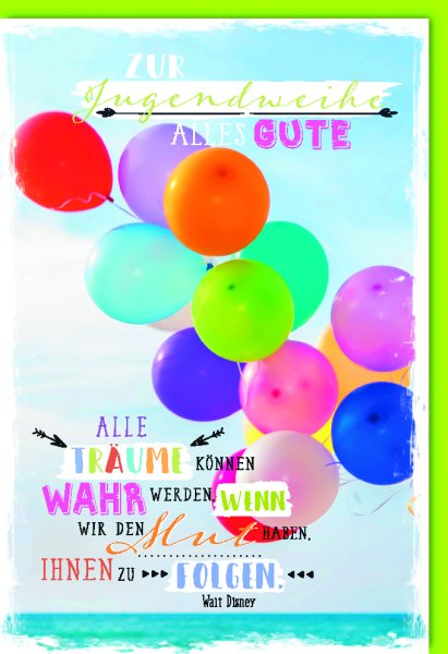 Jugendweihe - Karte mit Umschlag - bunte, fliegende Luftballons