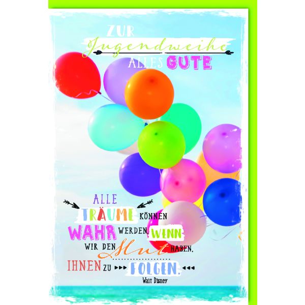 Jugendweihe Karte mit Umschlag bunte, fliegende Luftballons