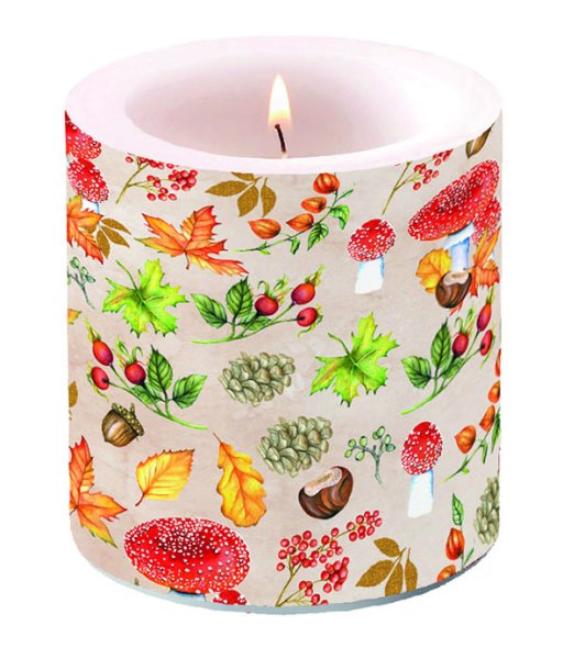 Kerze klein – Candle small – Format: Ø 7,5 cm x 9 cm – Brenndauer: 35 Std. - 1 Kerze pro Packung - Autumn Pattern – Herbstmuster