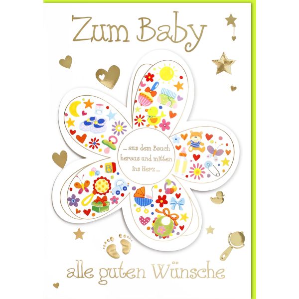 Geburt Baby Freudiges Ereignis A4 Glückwunschkarte mit Umschlag Alle guten Wünsche Blume Herzen Schmetterlinge