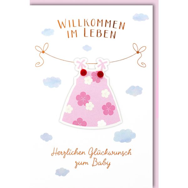 Geburt Baby Freudiges Ereignis Karte mit Umschlag Kleid an Wäscheleine Willkommen im Leben