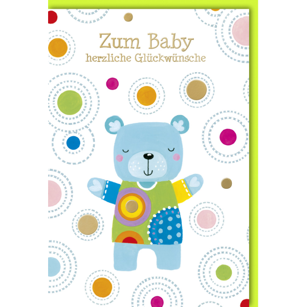 Geburt Baby Freudiges Ereignis Karte mit Umschlag Bär bunte Kreise