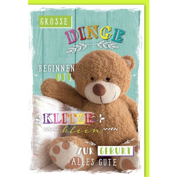 Geburt Baby Freudiges Ereignis Karte mit Umschlag Dinge beginnen Klitzeklein Teddybär