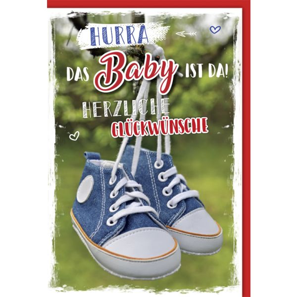 Geburt Baby Freudiges Ereignis Karte mit Umschlag Babyschuhe an Ast Hurra Baby ist da