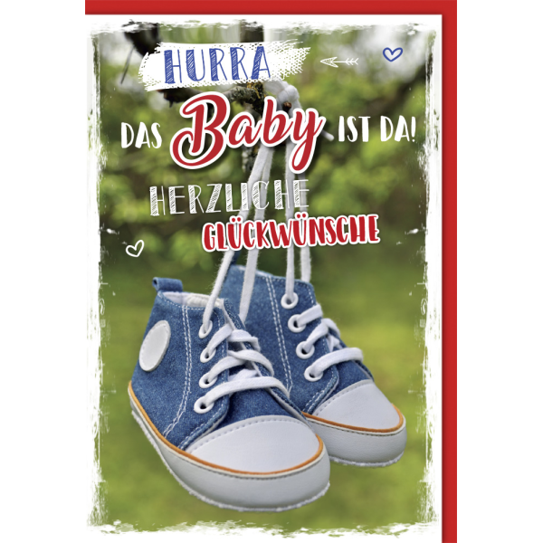 Geburt Baby Freudiges Ereignis Karte mit Umschlag Babyschuhe an Ast Hurra Baby ist da