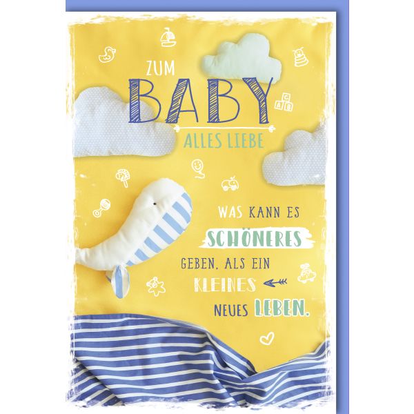 Geburt Baby Freudiges Ereignis Karte mit Umschlag Junge Wolken Wal