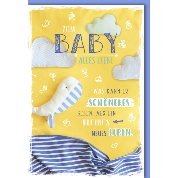 Geburt Baby Freudiges Ereignis Karte mit Umschlag Junge Wolken Wal