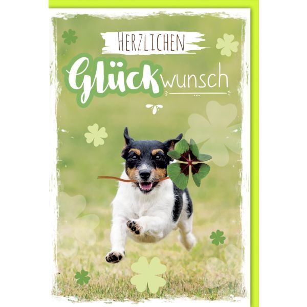 Allgemeine Wünsche Glückwunschkarte mit Umschlag Hund mit Kleeblatt
