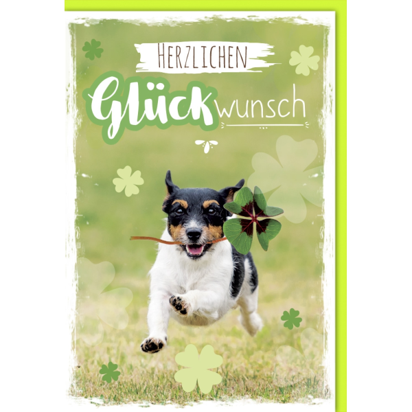 Allgemeine Wünsche Glückwunschkarte mit Umschlag Hund mit Kleeblatt