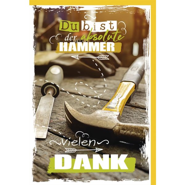 A Danke Glückwunschkarte mit Umschlag Hammer auf Werkbank