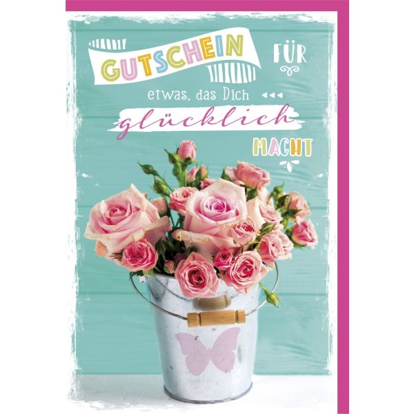 Gutschein Glückwunschkarte mit Umschlag Rosa Rosen im Eimer