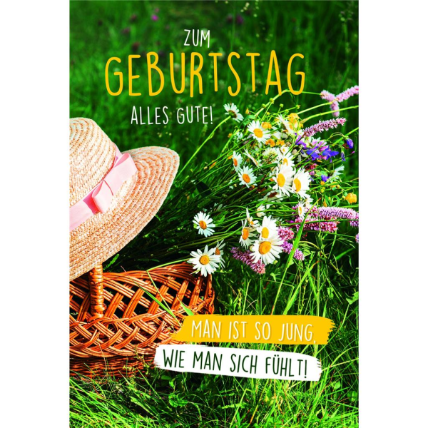Geburtstag Glückwunschkarte mit Umschlag Blumen im Korb, Sommerhut