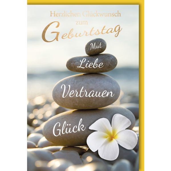 Geburtstag Glückwunschkarte mit Umschlag Steine Mut, Liebe, Vertrauen, Glück