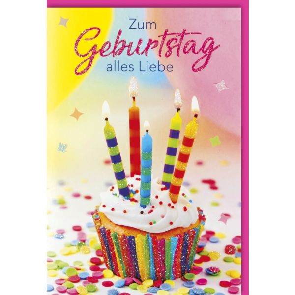 Geburtstag   Glückwunschkarte mit Umschlag Muffin Kerzen Konfetti Alles Liebe