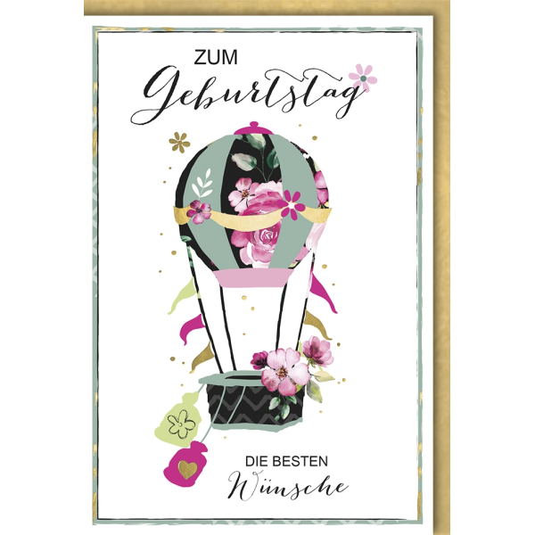 A Geburtstag Glückwunschkarte mit Umschlag Heißluftballon Blumen Beste Wünsche