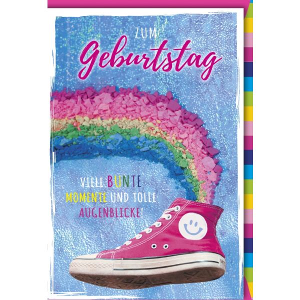 Geburtstag Turnschuh Regenbogen Bunte Monente Glückwunschkarte mit Umschlag