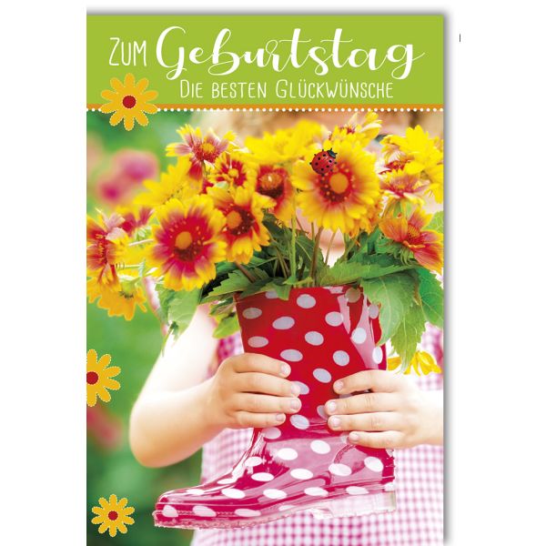 Geburtstag Glückwunschkarte mit Umschlag - Blumen in Gummistiefel