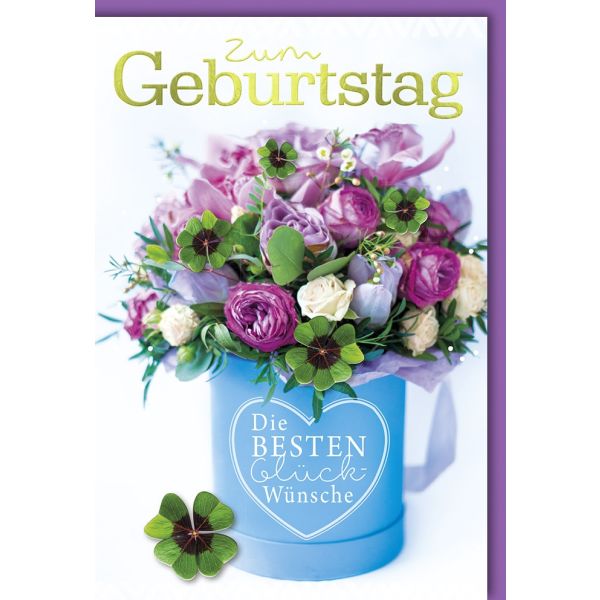 Geburtstag Glückwunschkarte mit Umschlag Blumenstrauß mit Kleeblättern