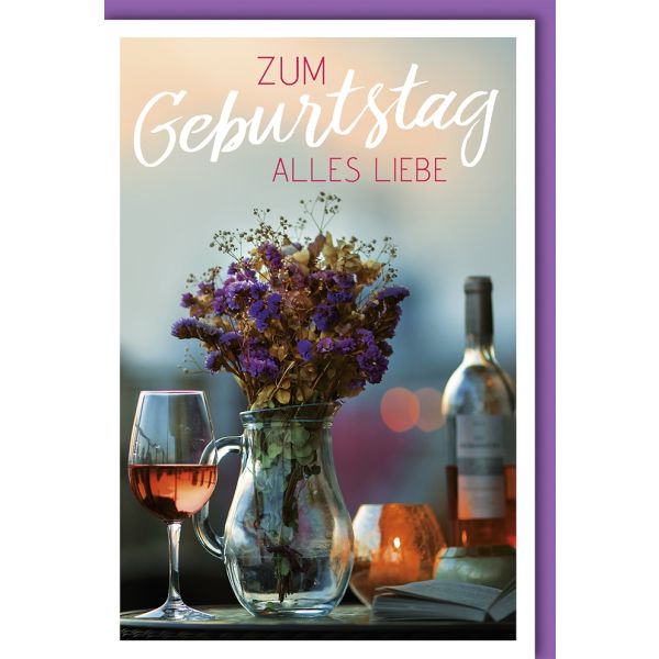 Geburtstag Glückwunschkarte mit Umschlag Wein im Abendlicht