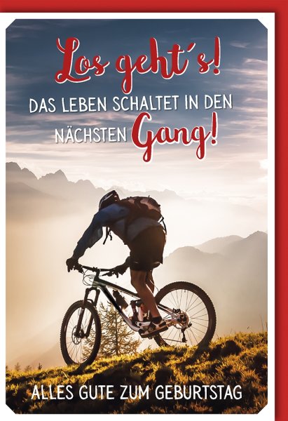 Geburtstag - Glückwunschkarte im Format 11,5 x 17 cm mit Umschlag - "Los gehts!" Mountainbiker - Verlag Dominique