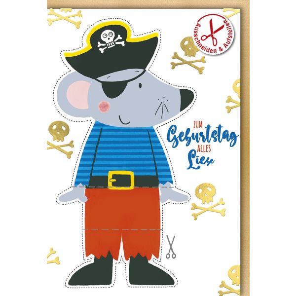 Geburtstag Glückwunschkarte mit Umschlag Piratenmaus