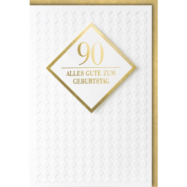 A 90. Geburtstag Glückwunschkarte mit Umschlag goldene 90 in Raute