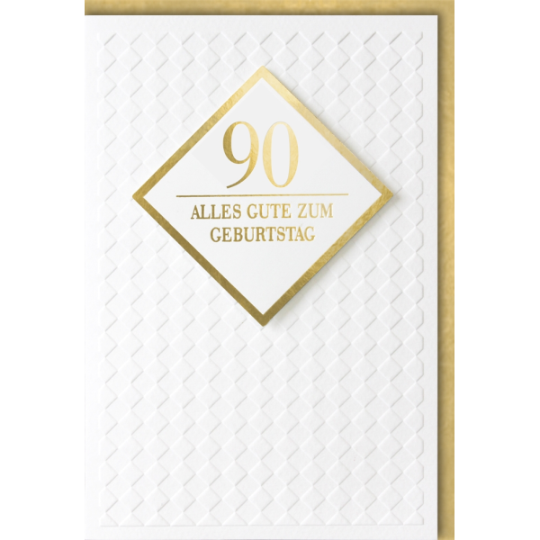 A 90. Geburtstag Glückwunschkarte mit Umschlag goldene 90 in Raute