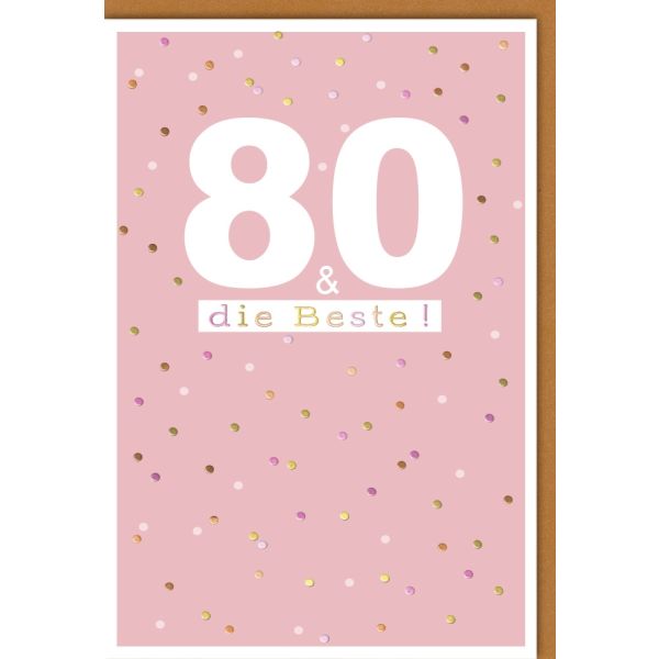 80. Geburtstag Glückwunschkarte mit Umschlag die Beste rosa mit Punkten