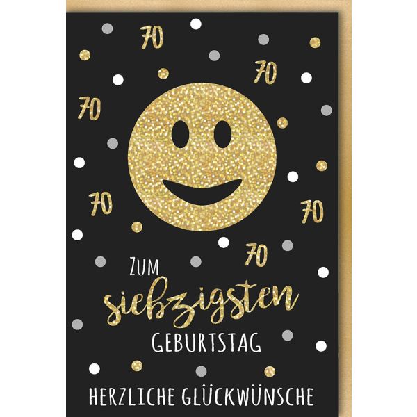 70. Geburtstag Glückwunschkarte mit Umschlag 70 Schwarz - Gold Smiley
