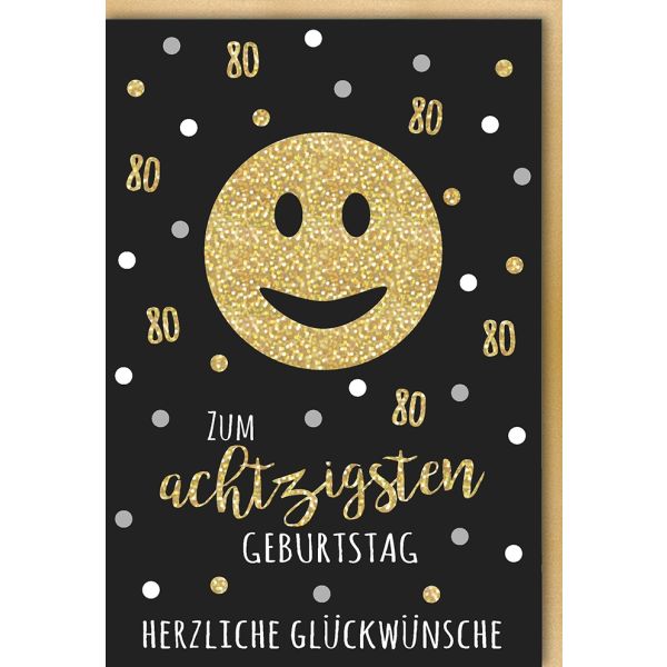 A 80. Geburtstag Glückwunschkarte mit Umschlag 80 Gold Smiley Herzliche Glückwünsche