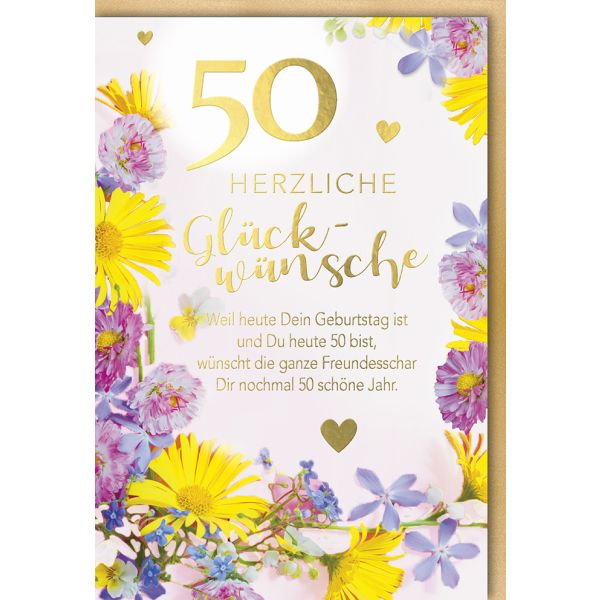 A 50. Geburtstag Glückwunschkarte mit Umschlag Blumenrand