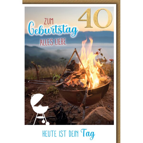 40. Geburtstag Glückwunschkarte mit Briefumschlag Grill Lagerfeuer See
