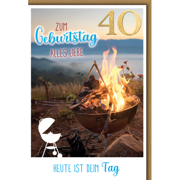 40. Geburtstag Glückwunschkarte mit Briefumschlag Grill Lagerfeuer See