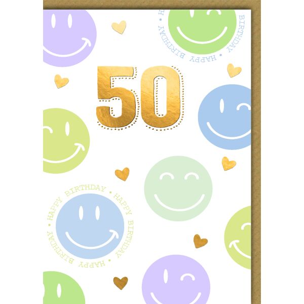 50. Geburtstag Glückwunschkarte mit Umschlag Pastellsmileys goldene Zahl Happy Birthday