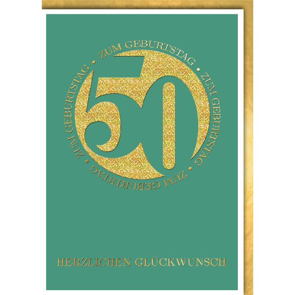 50. Geburtstag Glückwunschkarte mit Umschlag türkisdunkel Kreis goldende 50 Herzlichen Glückwunsch
