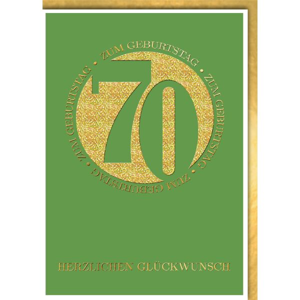 70. Geburtstag Glückwunschkarte mit Umschlag grün Kreis goldende 70 Herzlichen Glückwunsch